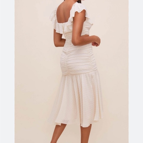 ASTR Ivory Cream Off White Swiss Dot Textured Ruched Ruffle Cut Out Midi Dress - Picture 11 of 17